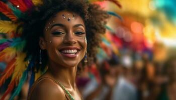 souriant Jeune femme, bonheur dans un la personne de bonne humeur fête généré par ai photo