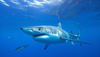 majestueux sous-marin aventure grand poisson nager dans Profond bleu mer généré par ai photo