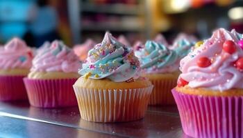 une coloré petit gâteau avec sucré glaçage, une fait maison anniversaire traiter généré par ai photo