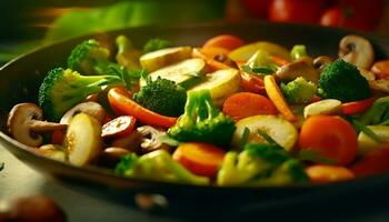 frais, en bonne santé végétarien repas brocoli, tomate, salade, carotte, cloche poivre généré par ai photo