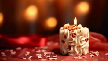 embrasé aux chandelles illumine une sucré Chocolat dessert sur une foncé table généré par ai photo