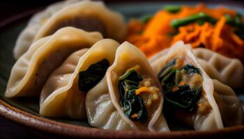 à la vapeur chinois Dumplings sur assiette proche en haut généré par ai photo