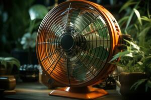 une image de moderne électrique ventilateur sur table dans chambre, fermer. été chaleur vieux ventilateur style génératif ai photo