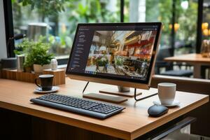 Nouveau moderne et luxe ordinateur écran avec Vide écran et café tasse sur en bois table dans Bureau génératif ai photo