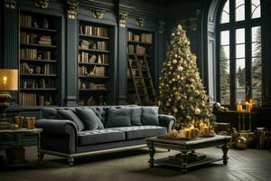 élégant intérieur de vivant pièce avec décoré Noël arbre, luxe vivant pièce Nouveau année photo