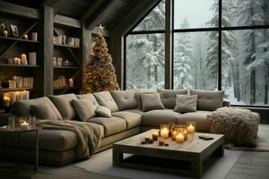 élégant intérieur de vivant pièce avec décoré Noël arbre, luxe vivant pièce Nouveau année photo