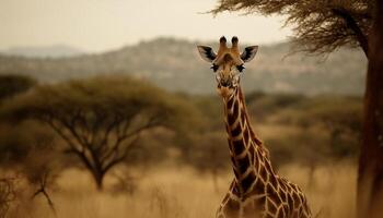 girafe permanent grand dans africain savane, élégance dans extrême terrain généré par ai photo