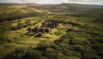 médiéval ruines sur montagne, tranquille beauté entoure généré par ai photo