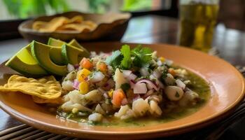 Frais gourmet salade avec Viande, avocat, et guacamole tremper généré par ai photo