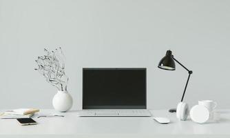 bureau avec ordinateur portable sur la table, style 3d. photo
