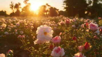 rose Rose champ dans le coucher du soleil lumière, dans le style de Soleil des rayons brillant sur une champ de des roses. génératif ai photo