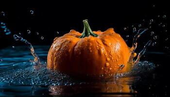 mûr citrouille reflétant dans humide l'eau gouttelette généré par ai photo