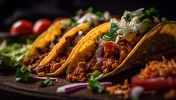 fraîchement grillé du boeuf tacos avec fait maison guacamole généré par ai photo