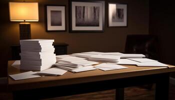 piles de vieux livres sur moderne table généré par ai photo