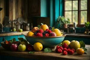 une confortable, rustique cuisine avec une en bois table et chaises, une bol de Frais coloré des fruits. ai génératif photo