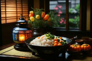 une table réglage avec Indien nourriture et une lanterne. ai génératif photo