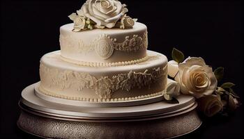 une décadent noir échelonné mariage gâteau avec fleurs généré par ai photo