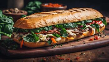 grillé pain ciabatta sandwich avec Frais des légumes et du boeuf généré par ai photo