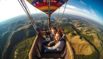 deux Hommes en volant haute dans chaud air ballon généré par ai photo