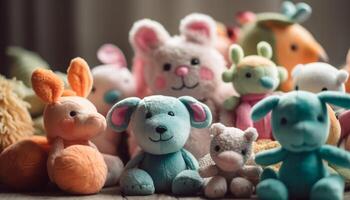 duveteux jouet lapin, une mignonne souvenir pour une enfant collection généré par ai photo