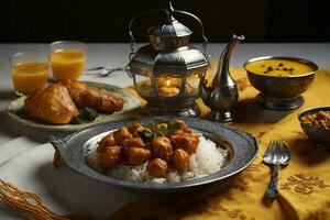 une table réglage avec Indien nourriture et une lanterne. ai génératif photo