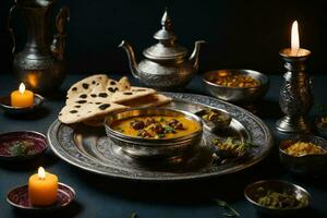 une table réglage avec Indien nourriture et une lanterne. ai génératif photo