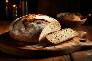 fraîchement cuit pain sur une en bois Coupe planche. ai génératif photo