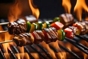 le caméra obtient plus proche à spectacle un barbecue du boeuf brochettes elles ou ils sont étant cuit sur une gril et là sont flammes tournage derrière leur ai généré photo