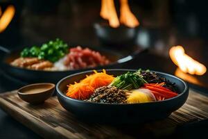 le caméra est en mouvement plus proche à spectacle une délicieux et bien connu coréen plat appelé Bibimbap parfois, il pouvez être difficile à figure en dehors quoi est Aller sur derrière quelque chose ai généré photo