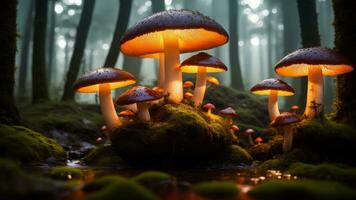 coloré, embrasé champignons dans une mystique forêt. ai généré photo