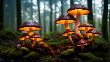 coloré, embrasé champignons dans une mystique forêt. ai généré photo