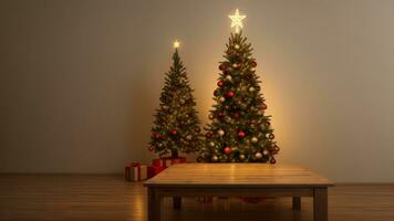 de fête en bois table Contexte avec Noël arbre lumières Extérieur. ai généré photo