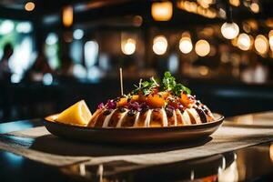 prendre une proche Regardez à capirotada, une délicieux plat, avec une charmant restaurant ne pas loin une façon ai généré photo