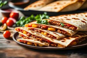 le caméra est en mouvement plus proche à prendre une image de une Quesadilla là est une fort lumière à venir de derrière il dans le studio ai généré photo