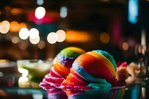 Zoom dans à voir une délicieux dessert appelé arc en ciel sorbet là est une jolie restaurant dans le Contexte ai généré photo
