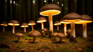 coloré, embrasé champignons dans une mystique forêt. ai généré photo