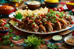une délicieux mexicain nourriture appelé carnitas est mis sur une magnifique table pendant une fête ai généré photo