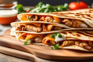 une proche en haut photo de une poulet Quesadilla pris dans une brillant photo studio ai généré