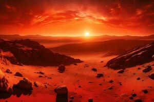 le image spectacles le le coucher du soleil sur Mars le ciel et sol rencontrer dans le image, et il est coloré dans rouge et or nuances ai généré photo