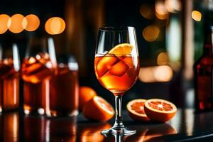 le caméra zoome dans sur aperol spritz, tandis que là est une agréable restaurant dans le Contexte ai généré photo