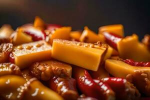 le caméra est avoir plus proche à une assiette de le Chili fromage frites, fabrication il Regardez comme c'est vraiment proche le pièce est très brillant ai généré photo