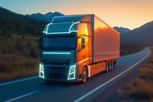 européen un camion véhicule sur autoroute avec spectaculaire le coucher du soleil lumière. cargaison transport et la fourniture thème. génératif ai photo