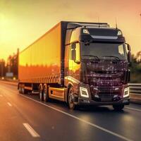 européen un camion véhicule sur autoroute avec spectaculaire le coucher du soleil lumière. cargaison transport et la fourniture thème. génératif ai photo