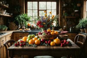 une confortable, rustique cuisine avec une en bois table et chaises, une bol de Frais coloré des fruits. ai génératif photo