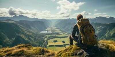 homme voyageur sur Montagne sommet profiter la nature génératif ai photo