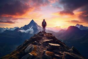 promeneur permanent sur Haut de une Montagne et à la recherche à le lever du soleil, magique fantaisie aventure composite de homme randonnée sur Haut de une rocheux Montagne culminer. Contexte paysage depuis, ai généré photo