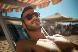 Masculin touristique bain de soleil sur transat à mer pendant jour avec génératif ai photo