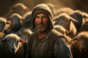 Masculin agriculteur sur mouton ferme dans le jour avec génératif ai photo