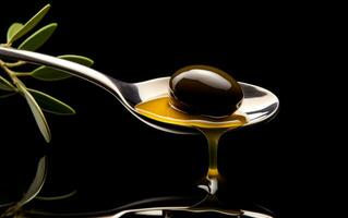 cuillère avec vierge olive pétrole et foncé Contexte. ai génératif photo