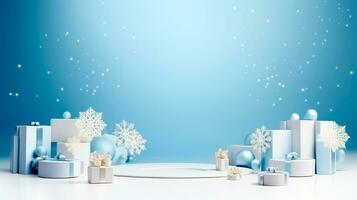minimal scène avec des balles, neige, cadeaux et pin des arbres pour Noël produit présentation. 3d rendre pour social médias. étape décoré pour Noël. ai génératif photo